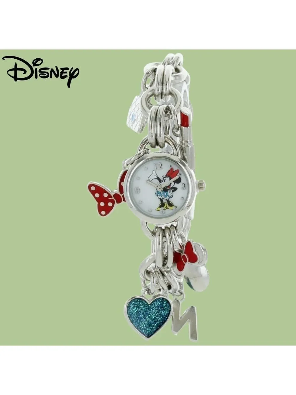 Disney Minnie Mouse Women’s Stainless Steel Charm Bracelet Watch NWT/BOX